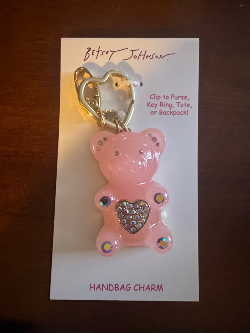 Betsey Johnson Pink Teddy Bear Bag Charm with Gold Hardware